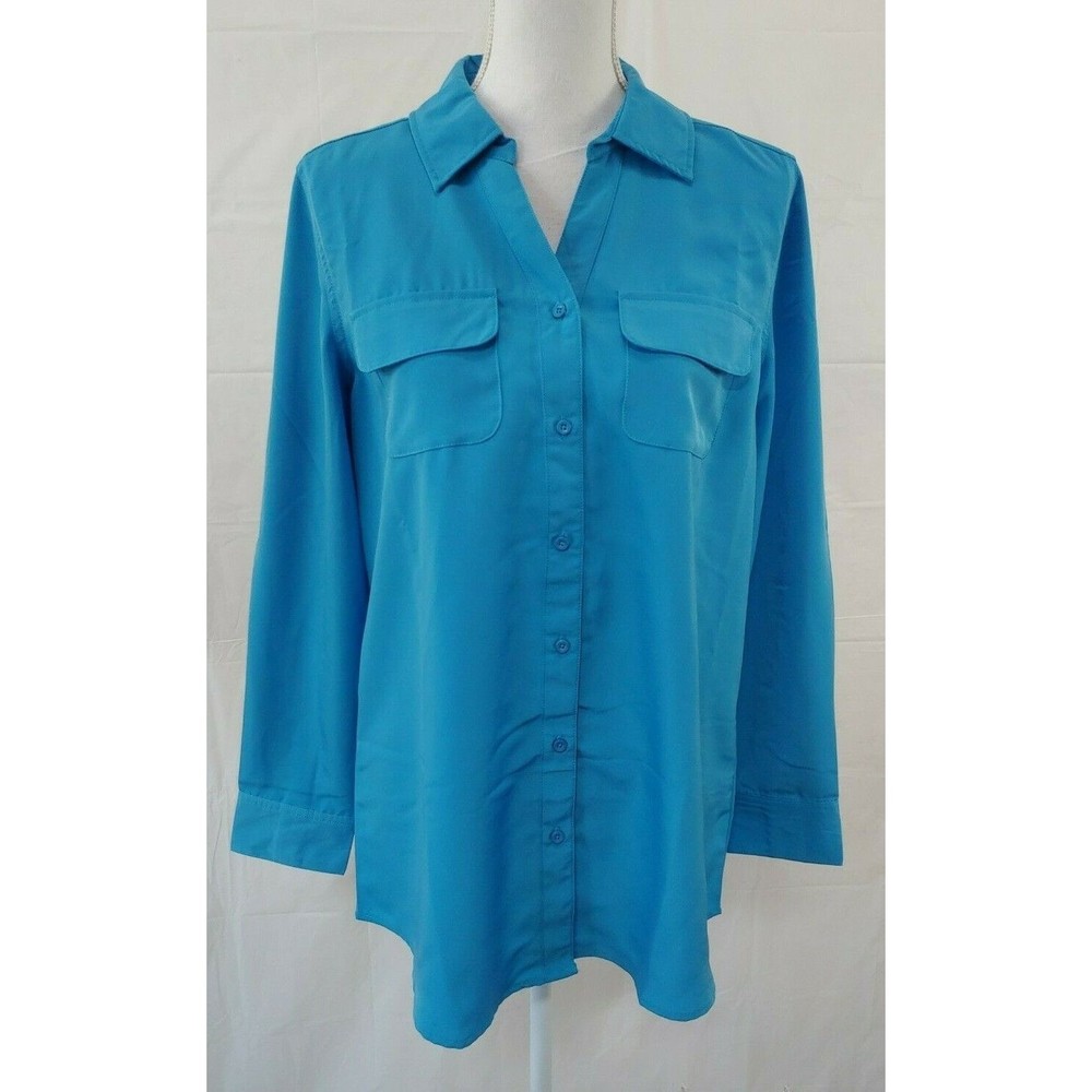D&Co Denim & Co Womens Top Small Long Sleeve Blue Tunic Button Front Career - Picture 1 of 6